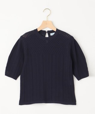 組曲 L 【WEB限定】編地切り替え 半袖ニット ネイビー系