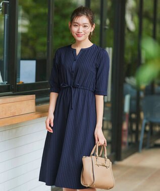 Tiaclasse L 【新色追加・洗える】配色キーネックストライプワンピース ネイビー×ネイビー