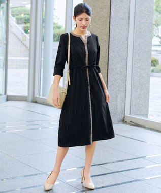 Tiaclasse L 【新色追加・洗える】配色キーネックストライプワンピース ブラック×グレージュ