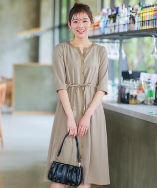 Tiaclasse L 【新色追加・洗える】配色キーネックストライプワンピース ライトベージュ×ベージュ