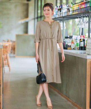 Tiaclasse L 【新色追加・洗える】配色キーネックストライプワンピース ライトベージュ×ベージュ