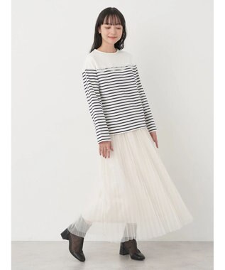 earth music&ecology レースボーダーカットソープルオーバー Navy