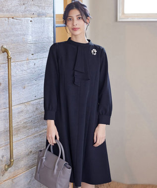 Tiaclasse L 【ダブルクロス】【洗える】フリルドレープワンピース ネイビー