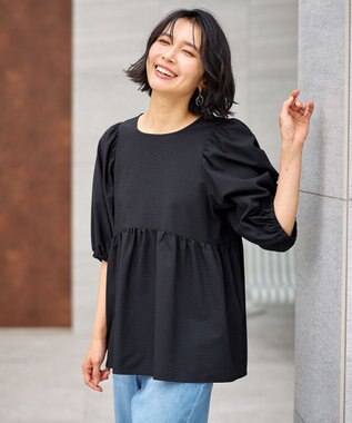 ANY 【WEB限定/洗濯機可】サッカーギャザーペプラムブラウス ブラック