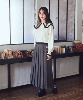 earth music&ecology 配色フリルカラーニットプルオーバー Ivory