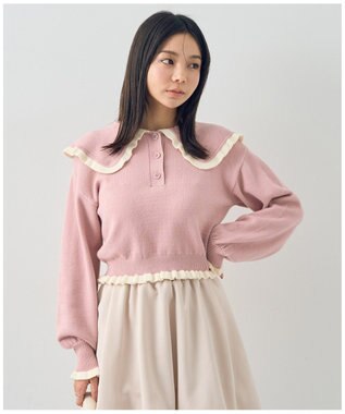 earth music&ecology 配色フリルカラーニットプルオーバー Pink