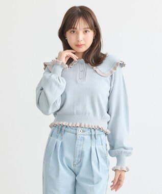 earth music&ecology 配色フリルカラーニットプルオーバー Blue