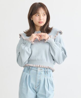 earth music&ecology 配色フリルカラーニットプルオーバー Blue