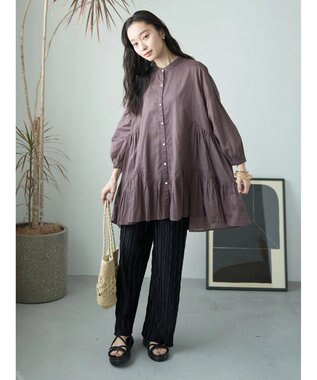 earth music&ecology コットンボイル切替ティアードチュニック Brown