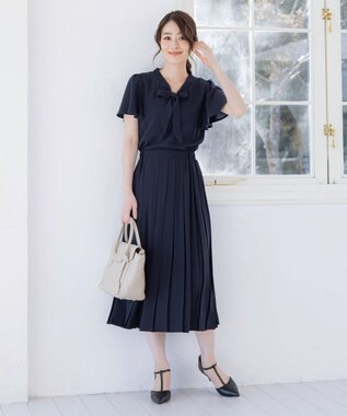 Tiaclasse 【洗える】リボンタイプリーツワンピース ネイビー
