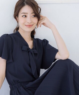 Tiaclasse 【洗える】リボンタイプリーツワンピース ネイビー