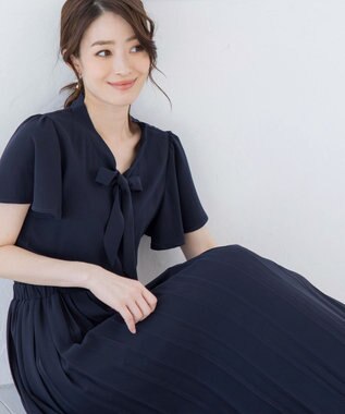 Tiaclasse 【洗える】リボンタイプリーツワンピース ネイビー