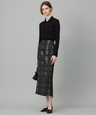 ICB 【洗える】シャイニーオンブレーチェック ストレートスカート ブラック系