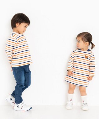 MIKI HOUSE HOT BISCUITS 【80-120cm】 ボーダー柄 長袖ワンピース オレンジ