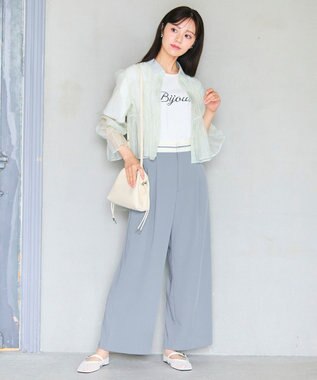 Feroux 【洗える】シャーリング シアーシャツ ライトグリーン系