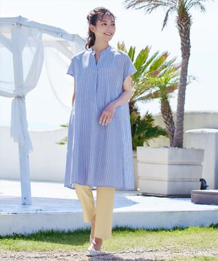 Tiaclasse 【洗える】リネンミックススキッパーシャツワンピース サックスストライプ