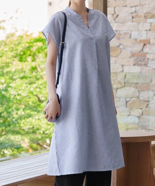 Tiaclasse 【洗える】リネンミックススキッパーシャツワンピース ブルーグレーストライプ