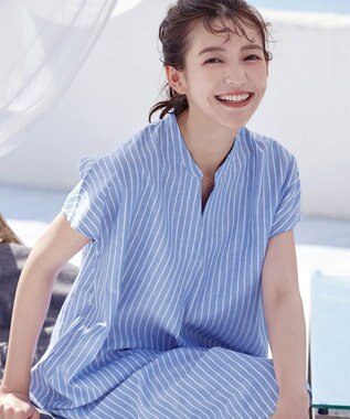 Tiaclasse 【洗える】リネンミックススキッパーシャツワンピース サックスストライプ