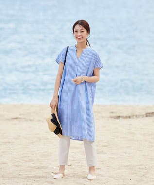 Tiaclasse 【洗える】リネンミックススキッパーシャツワンピース サックスストライプ