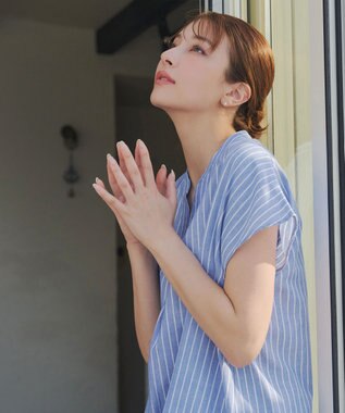 Tiaclasse 【洗える】リネンミックススキッパーシャツワンピース サックスストライプ