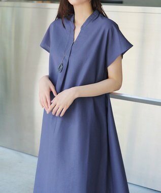 Tiaclasse 【洗える】リネンミックススキッパーシャツワンピース ブルーグレー