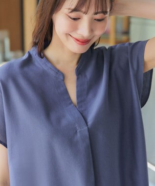 Tiaclasse 【洗える】リネンミックススキッパーシャツワンピース ブルーグレー