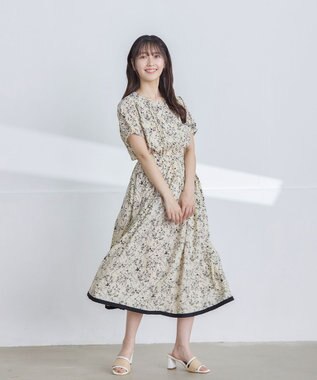 Tiaclasse L 【袖が選べる・洗える】配色モノクロ花柄ワンピース 半袖：アイボリー