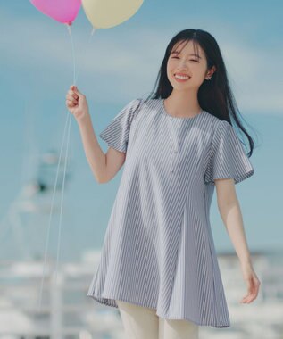 Tiaclasse L 【おのののかさん着用】半袖＆七分袖選べる袖丈バックフレアチュニック 半袖ネイビーストライプ