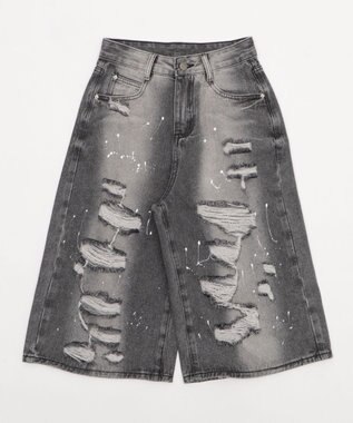 WEGO タイ付きダメージハーフデニムパンツ デニムブラック