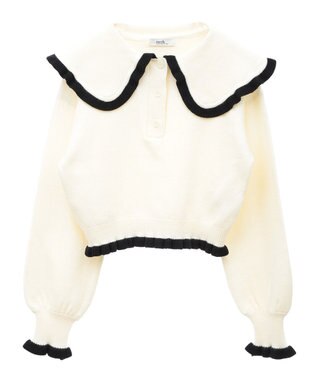 earth music&ecology 配色フリルカラーニットプルオーバー Ivory