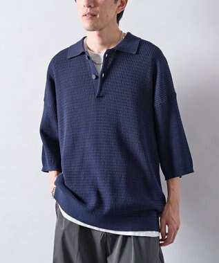 CRAFT STANDARD BOUTIQUE 透かし編み半袖ニットポロシャツ Navy
