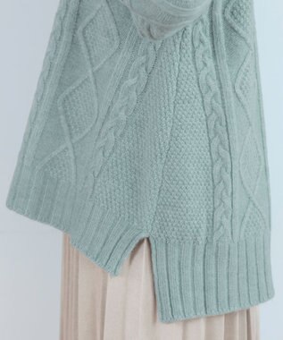 Tiaclasse L 【洗える】アラン柄キーネックニットトップス ミント