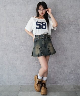 WEGO ベルト付デニムプリーツスカパン デニム濃加工色