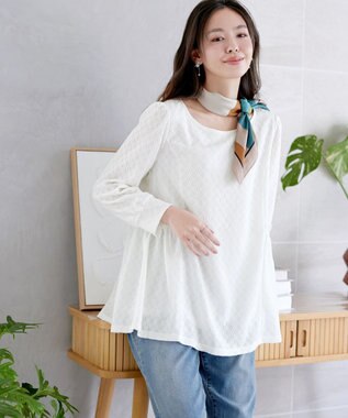 Tiaclasse L ダイヤ柄ジャガードパフスリチュニック オフホワイト