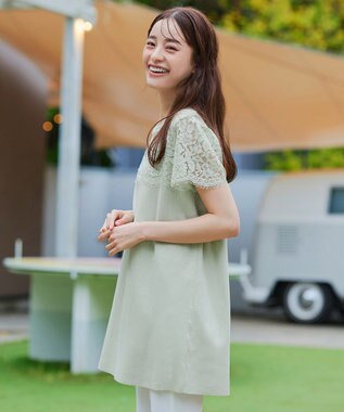 Tiaclasse 【洗える】レースコンビフレンチスリーブニットチュニック ミント