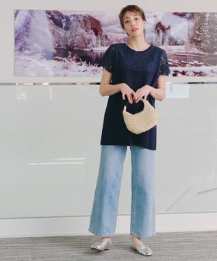 Tiaclasse 【洗える】レースコンビフレンチスリーブニットチュニック ネイビー