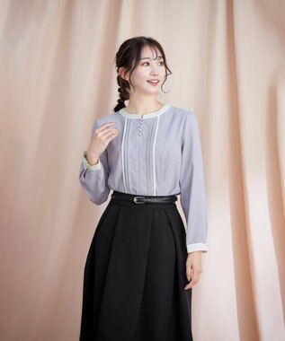 Tiaclasse 【洗える】ピンタック配色ブラウス サックス×アイボリー