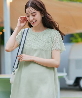 Tiaclasse 【洗える】レースコンビフレンチスリーブニットチュニック ミント