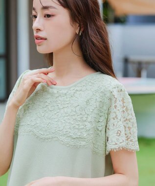 Tiaclasse 【洗える】レースコンビフレンチスリーブニットチュニック ミント