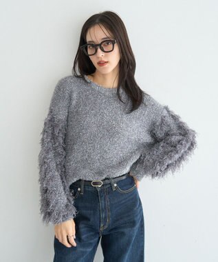YECCA VECCA ラメフェザー袖フリンジニット Charcoal Gray