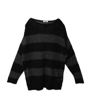 WEGO ボーダーモヘアタッチメッシュニットプルオーバー グレー