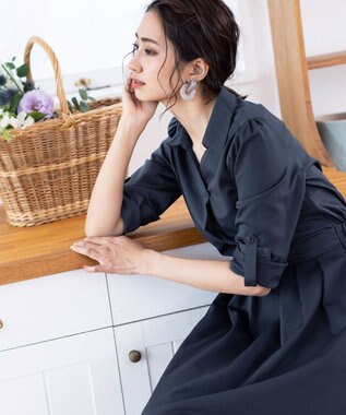 Tiaclasse L 【洗える】小顔効果も期待できるスキッパーシャツワンピース ネイビー