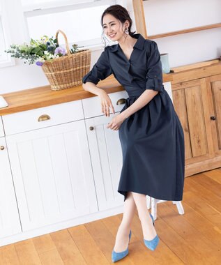 Tiaclasse L 【洗える】小顔効果も期待できるスキッパーシャツワンピース ネイビー