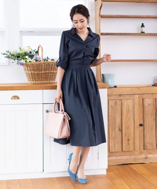 Tiaclasse L 【洗える】小顔効果も期待できるスキッパーシャツワンピース ネイビー