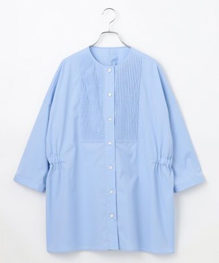 #Newans 【洗濯機可能/シワになりにくい】〈お腹・腰回りをカバー〉ピンタックデザインスクエアブラウス ブルー