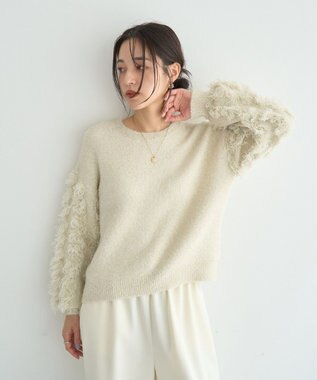 YECCA VECCA ラメフェザー袖フリンジニット Ivory