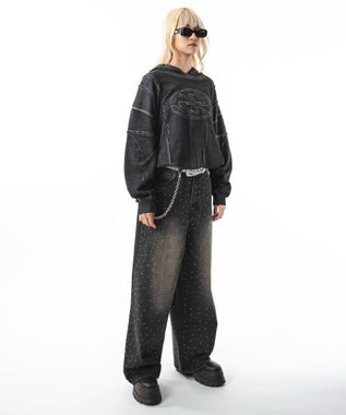 WEGO 【ユニセックス着用ITEM】スーパーバギーラインストーンデニムパンツ デニムブラックソノタ