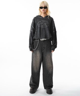 WEGO 【ユニセックス着用ITEM】スーパーバギーラインストーンデニムパンツ デニムブラックソノタ