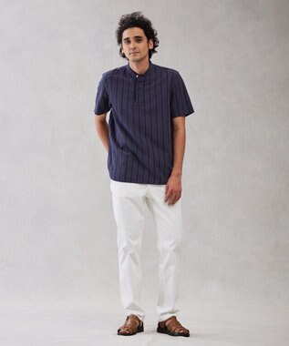 J.PRESS MEN 【HYBRID LINEN】ドビーストライプ バンドカラーラガーシャツ ネイビー系