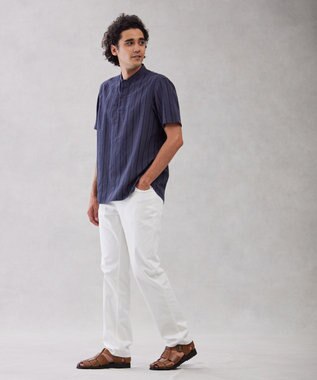 J.PRESS MEN 【HYBRID LINEN】ドビーストライプ バンドカラーラガーシャツ ネイビー系
